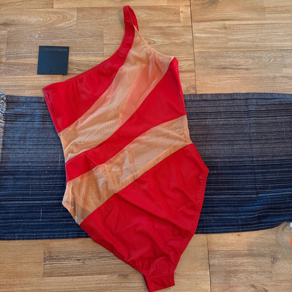 Norma Kamali One piece swimsuit Size XL 10 Snake Mesh Mio Red One Shoulder NWT - Picture 4 of 7